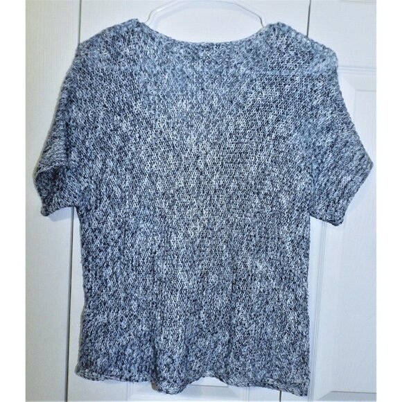 Eileen Fisher S Blue Tweed Knit Short Sleeve Scoop Neck Cropped Sweater - Picture 3 of 6